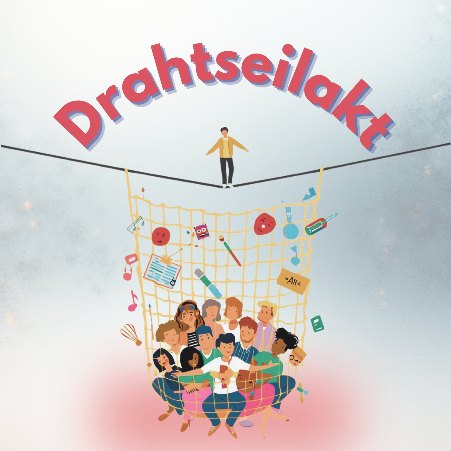 Auf einem Drahtseil, welches vom linken zum rechten Bildrand gespannt ist, balanciert ein Mensch. An dem Drahtseil hängt ein Netz in dem sich junge Menschen befinden, die von diesem Netz aufgefangen wurden. Im Netz hängen symbole, welche die Kulturelle Bildung darstellen sollen.