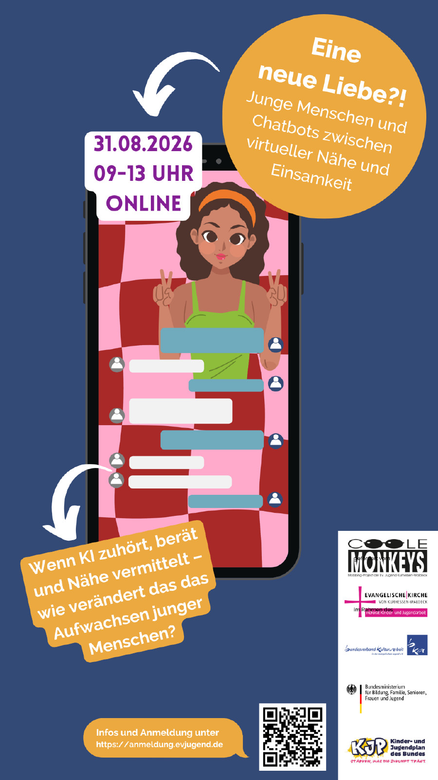 Smartphone-Illustration mit einem Live-Stream einer lächelnden jungen Frau vor einem rot-pinken Karomuster. Sie macht Friedenszeichen mit beiden Händen. Chat-Blasen und Benutzer-Symbole sind am unteren Rand des Bildschirms sichtbar.