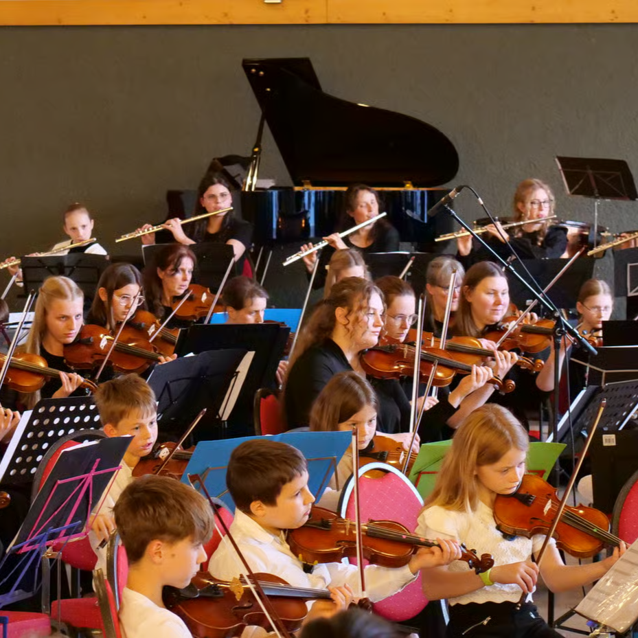 Viele Jugendliche spielen auf ihren Instrumenten, vorranging Streichinstrumente.