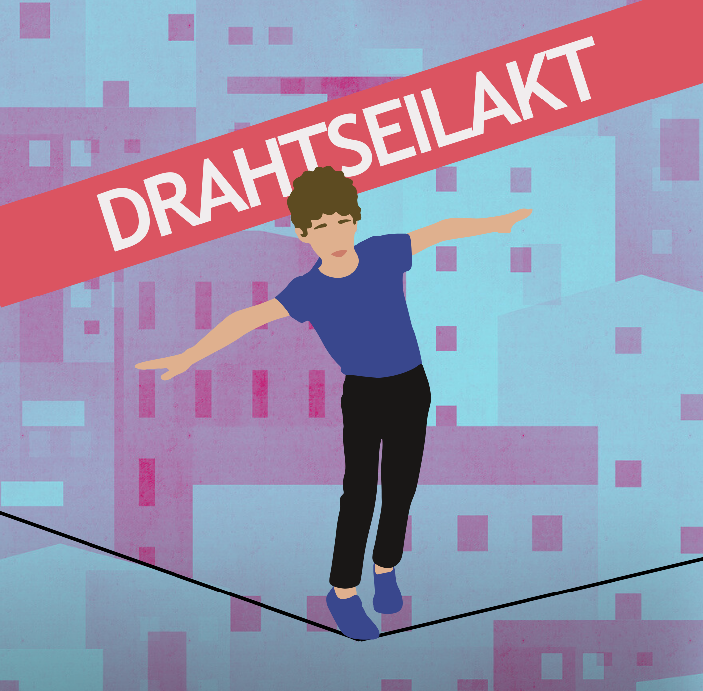 Auf einem Drahtseil, welches vom linken zum rechten Bildrand gespannt ist, balanciert ein Mensch.